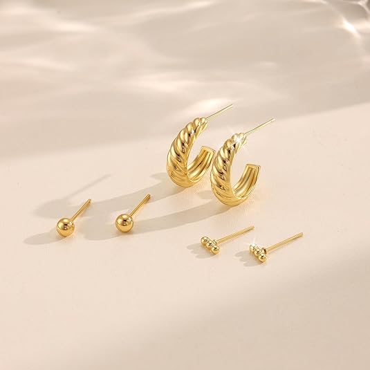 Freekiss 3 Pairs Gold Hoop Earrings Set: Dainty Stud Earrings Trendy Small 14K Gold Plated Hypoallergenic Dangle Cartilage Huggie Hoop Earrings for Women Gold Jewelry for Women Gifts EH-035