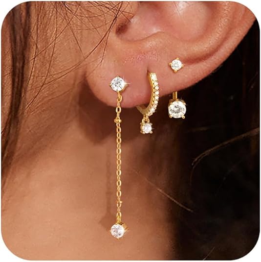 Freekiss 3 Pairs Gold Hoop Earrings Set: Dainty Stud Earrings Trendy Small 14K Gold Plated Hypoallergenic Dangle Cartilage Huggie Hoop Earrings for Women Gold Jewelry for Women Gifts EH-035