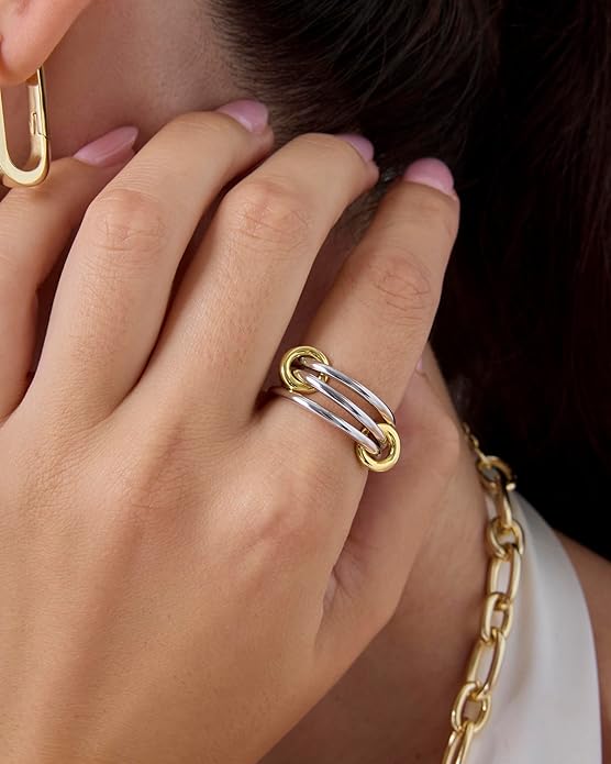 Gold Plated Interlocked Stackable Rings for Women - Statement Mixed Metals Multi Ring Stack - Cubic Zirconia Two-Toned Connected Bands Stacking Jewelry JZ-017