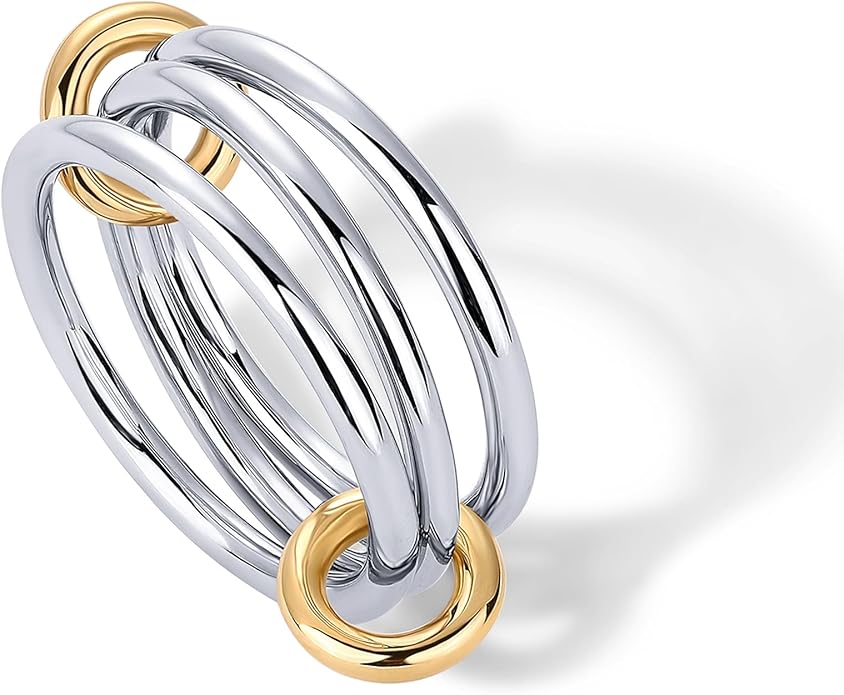 Gold Plated Interlocked Stackable Rings for Women - Statement Mixed Metals Multi Ring Stack - Cubic Zirconia Two-Toned Connected Bands Stacking Jewelry JZ-017