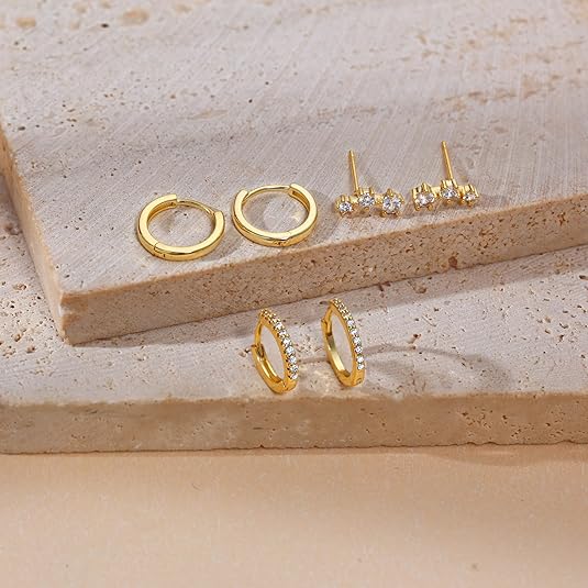 Freekiss 3 Pairs Gold Hoop Earrings Set: Dainty Stud Earrings Trendy Small 14K Gold Plated Hypoallergenic Dangle Cartilage Huggie Hoop Earrings for Women Gold Jewelry for Women Gifts EH-035