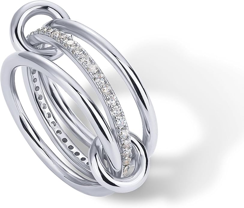 Gold Plated Interlocked Stackable Rings for Women - Statement Mixed Metals Multi Ring Stack - Cubic Zirconia Two-Toned Connected Bands Stacking Jewelry JZ-017