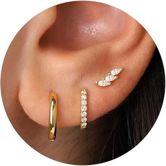 Freekiss 3 Pairs Gold Hoop Earrings Set: Dainty Stud Earrings Trendy Small 14K Gold Plated Hypoallergenic Dangle Cartilage Huggie Hoop Earrings for Women Gold Jewelry for Women Gifts EH-035