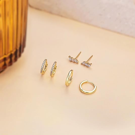 Freekiss 3 Pairs Gold Hoop Earrings Set: Dainty Stud Earrings Trendy Small 14K Gold Plated Hypoallergenic Dangle Cartilage Huggie Hoop Earrings for Women Gold Jewelry for Women Gifts EH-035