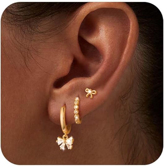 Freekiss 3 Pairs Gold Hoop Earrings Set: Dainty Stud Earrings Trendy Small 14K Gold Plated Hypoallergenic Dangle Cartilage Huggie Hoop Earrings for Women Gold Jewelry for Women Gifts EH-035