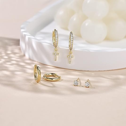 Freekiss 3 Pairs Gold Hoop Earrings Set: Dainty Stud Earrings Trendy Small 14K Gold Plated Hypoallergenic Dangle Cartilage Huggie Hoop Earrings for Women Gold Jewelry for Women Gifts EH-035