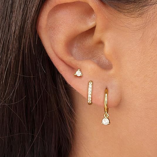 Freekiss 3 Pairs Gold Hoop Earrings Set: Dainty Stud Earrings Trendy Small 14K Gold Plated Hypoallergenic Dangle Cartilage Huggie Hoop Earrings for Women Gold Jewelry for Women Gifts EH-035