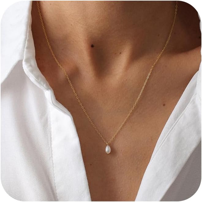 Gold Pearl Necklaces for Women Trendy 14k Gold Plated Dainty Necklace Simple Pearl Drop Single Charm Pendant Necklace Women's Jewelry Best Friend Birthday Gifts Gold Jewelry for Women XL-036