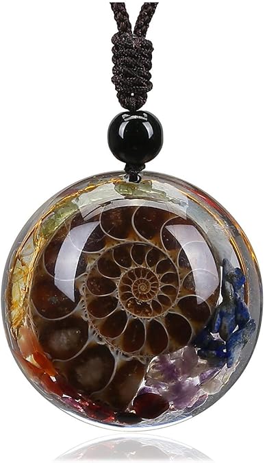 7 Chakra Gemstone Reki Healing Crystal Necklace Round Circle Shape Ammonite Fossil Resin Chip Stones Pendant Necklace for Women Men Life Tree Jewelry Christmas Gifts XL-031