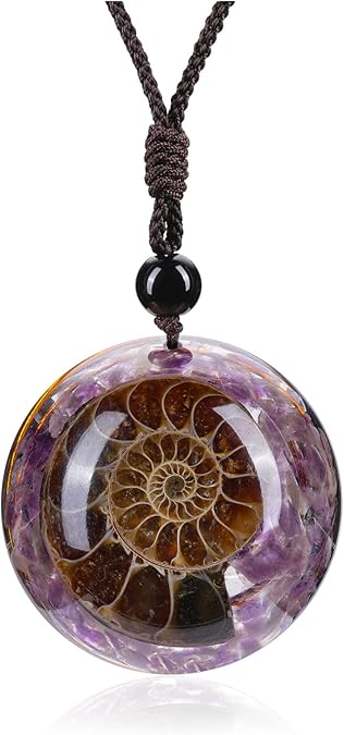 7 Chakra Gemstone Reki Healing Crystal Necklace Round Circle Shape Ammonite Fossil Resin Chip Stones Pendant Necklace for Women Men Life Tree Jewelry Christmas Gifts XL-031