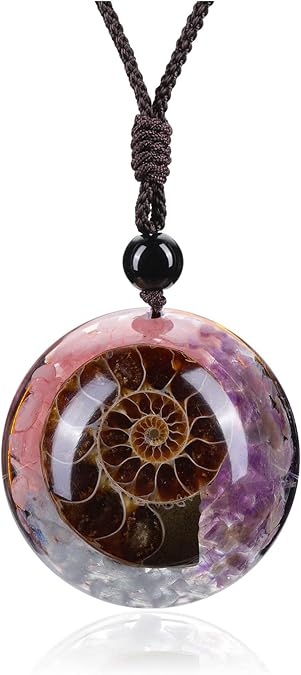 7 Chakra Gemstone Reki Healing Crystal Necklace Round Circle Shape Ammonite Fossil Resin Chip Stones Pendant Necklace for Women Men Life Tree Jewelry Christmas Gifts XL-031