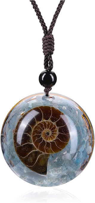 7 Chakra Gemstone Reki Healing Crystal Necklace Round Circle Shape Ammonite Fossil Resin Chip Stones Pendant Necklace for Women Men Life Tree Jewelry Christmas Gifts XL-031