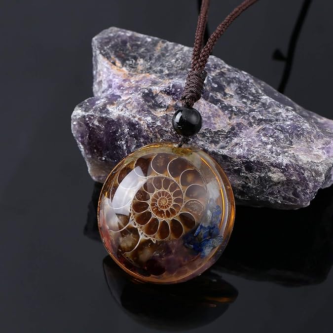7 Chakra Gemstone Reki Healing Crystal Necklace Round Circle Shape Ammonite Fossil Resin Chip Stones Pendant Necklace for Women Men Life Tree Jewelry Christmas Gifts XL-031