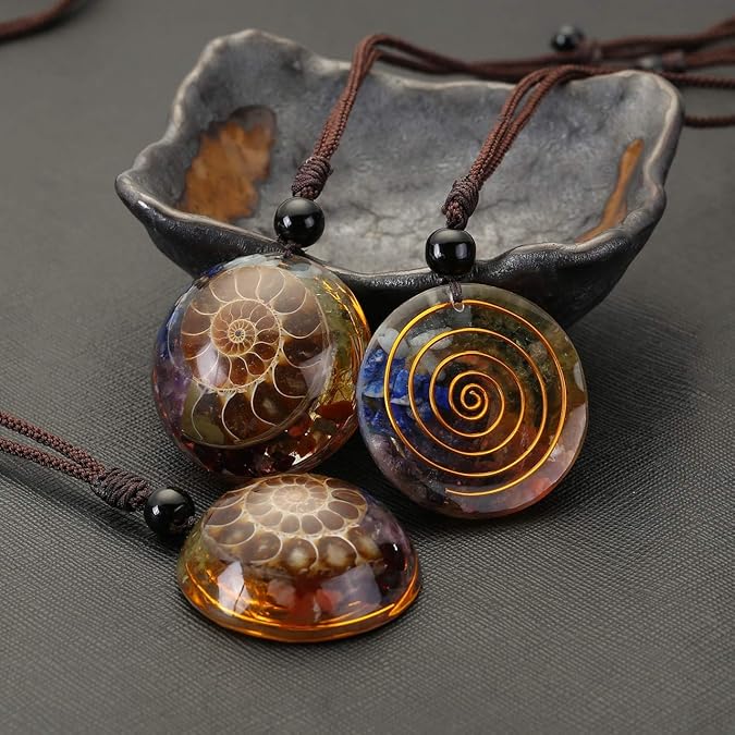 7 Chakra Gemstone Reki Healing Crystal Necklace Round Circle Shape Ammonite Fossil Resin Chip Stones Pendant Necklace for Women Men Life Tree Jewelry Christmas Gifts XL-031