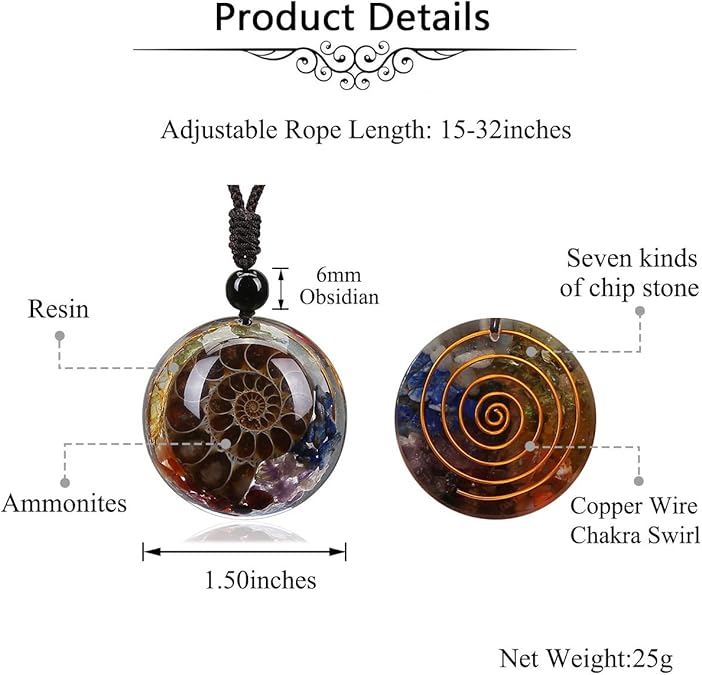 7 Chakra Gemstone Reki Healing Crystal Necklace Round Circle Shape Ammonite Fossil Resin Chip Stones Pendant Necklace for Women Men Life Tree Jewelry Christmas Gifts XL-031