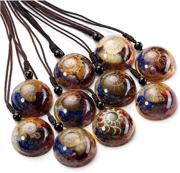 7 Chakra Gemstone Reki Healing Crystal Necklace Round Circle Shape Ammonite Fossil Resin Chip Stones Pendant Necklace for Women Men Life Tree Jewelry Christmas Gifts XL-031