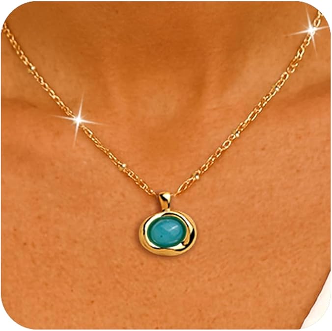 Gold Stone Pendant Necklaces for Women, Chunky Gemstone Dangle Necklace Wedding Prom Fashion Jewelry Gift XL-037