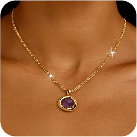 Gold Stone Pendant Necklaces for Women, Chunky Gemstone Dangle Necklace Wedding Prom Fashion Jewelry Gift XL-037