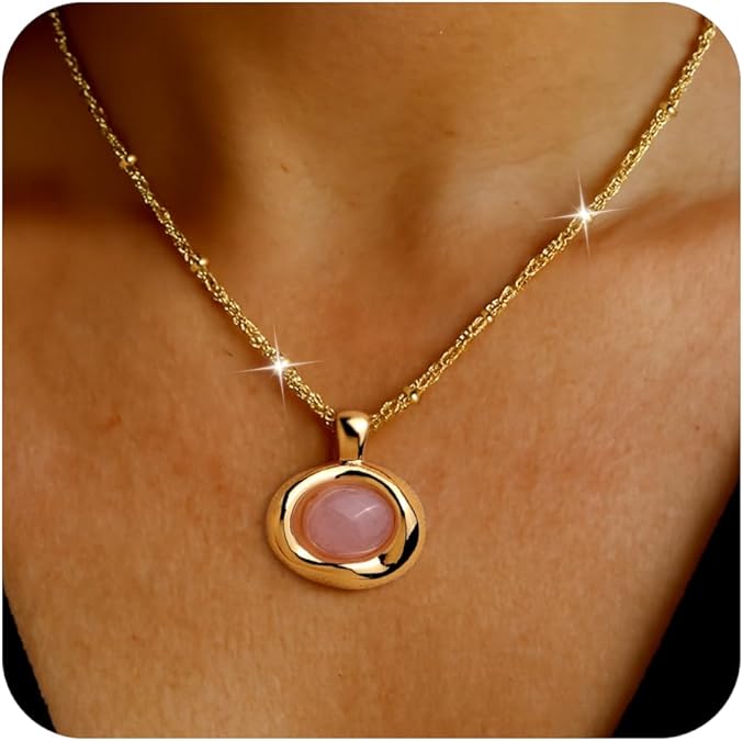 Gold Stone Pendant Necklaces for Women, Chunky Gemstone Dangle Necklace Wedding Prom Fashion Jewelry Gift XL-037