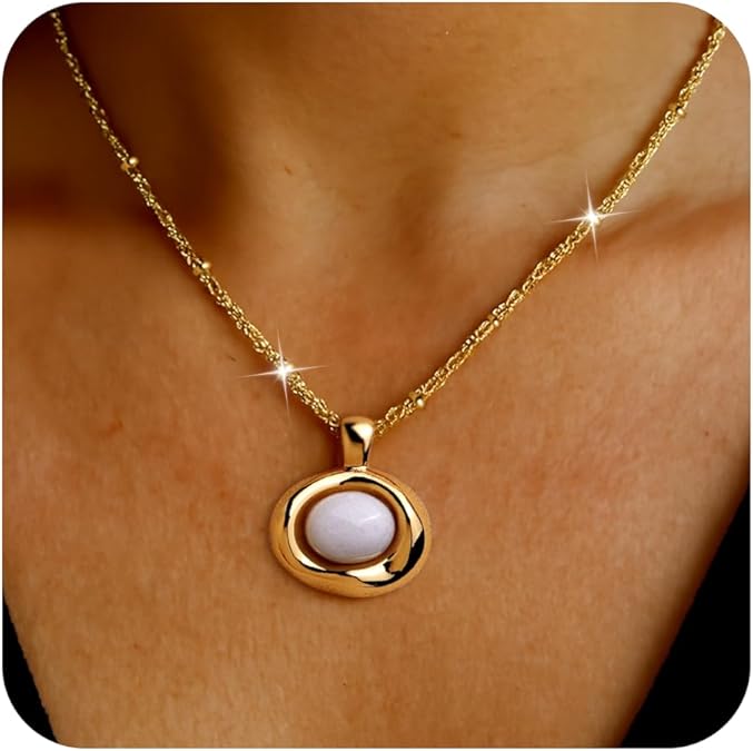 Gold Stone Pendant Necklaces for Women, Chunky Gemstone Dangle Necklace Wedding Prom Fashion Jewelry Gift XL-037
