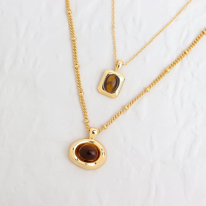 Gold Stone Pendant Necklaces for Women, Chunky Gemstone Dangle Necklace Wedding Prom Fashion Jewelry Gift XL-037