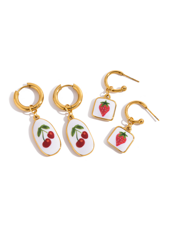 gold fruit earrings strawberry charm earrings cherry earrings colorful enamel earrings playful jewelry cute hoop earrings summer style earrings unique drop earrings vintage-inspired earrings fun accessories EH-036