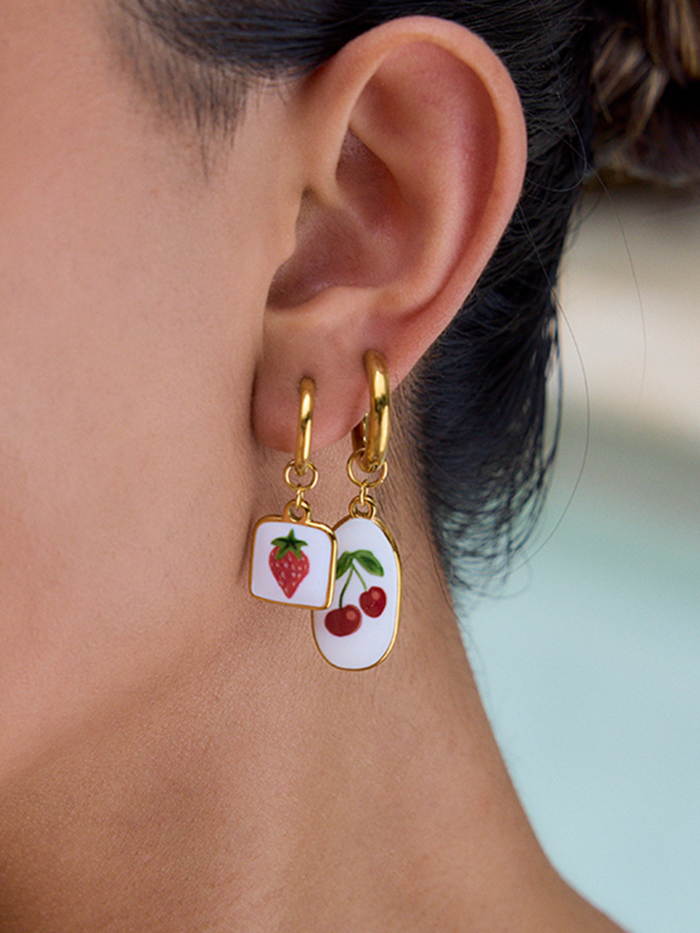 gold fruit earrings strawberry charm earrings cherry earrings colorful enamel earrings playful jewelry cute hoop earrings summer style earrings unique drop earrings vintage-inspired earrings fun accessories EH-036