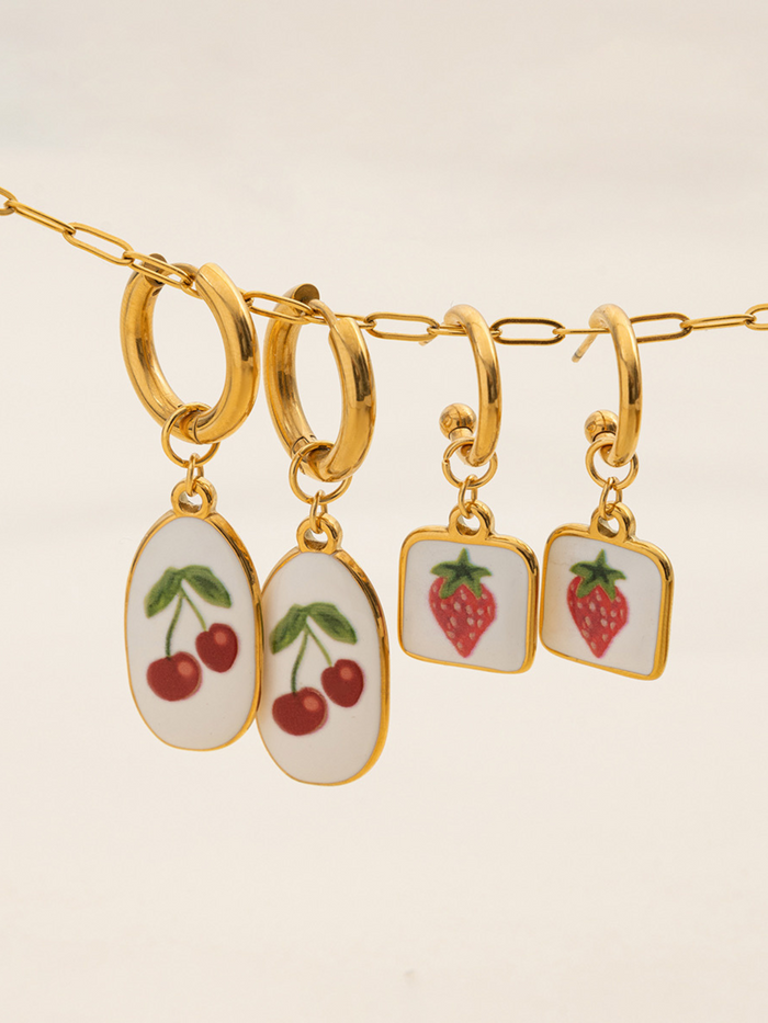 gold fruit earrings strawberry charm earrings cherry earrings colorful enamel earrings playful jewelry cute hoop earrings summer style earrings unique drop earrings vintage-inspired earrings fun accessories EH-036