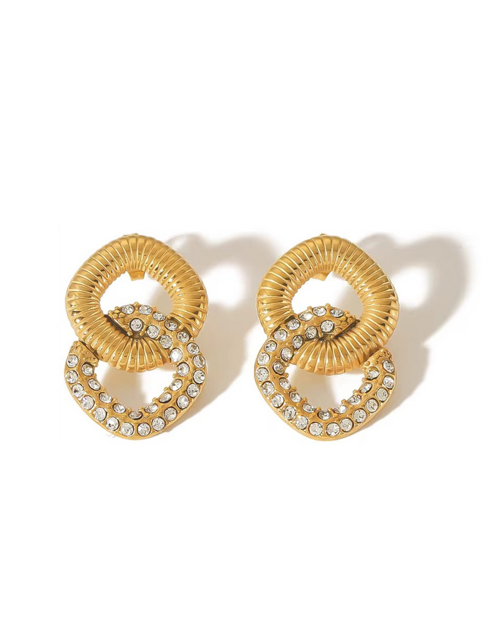 gold crystal geometric square interlocking textured pave statement stud vintage earring EH-038