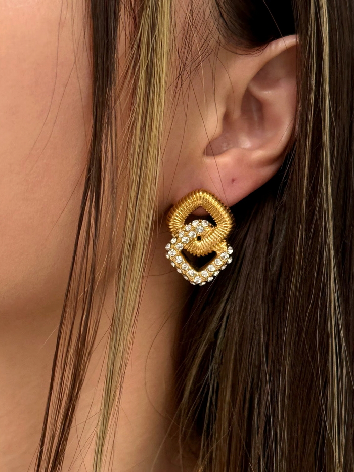 gold crystal geometric square interlocking textured pave statement stud vintage earring EH-038