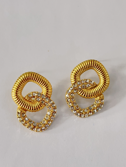 gold crystal geometric square interlocking textured pave statement stud vintage earring EH-038