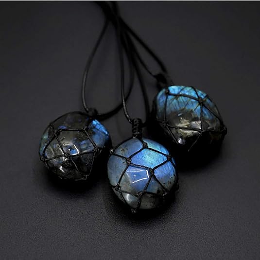 Healing Stones Necklace, Dragons Heart Labradorite Healing Crystal Necklace for Women Men Macrame Energy Natural Gemstone Necklace Pendant Wrap Braid Jewelry Stone Gift XL-038