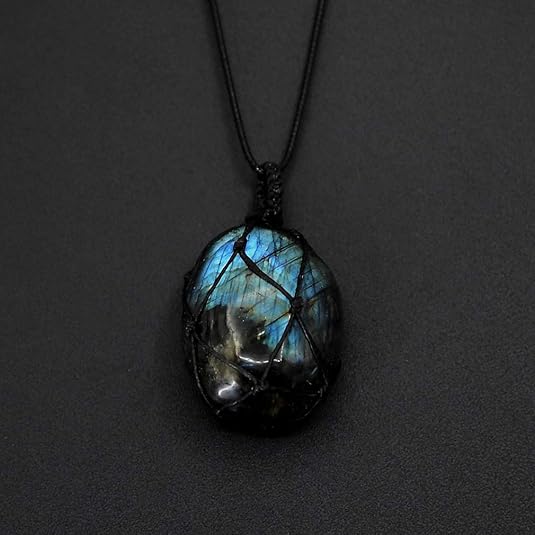 Healing Stones Necklace, Dragons Heart Labradorite Healing Crystal Necklace for Women Men Macrame Energy Natural Gemstone Necklace Pendant Wrap Braid Jewelry Stone Gift XL-038