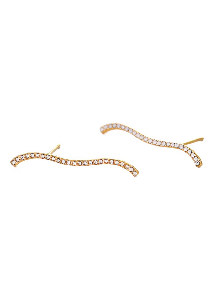 ear climber curved bar gold plated pave zircon minimalist style dainty jewelry modern sleek cartilage look lightweight comfort everyday wear EH-039