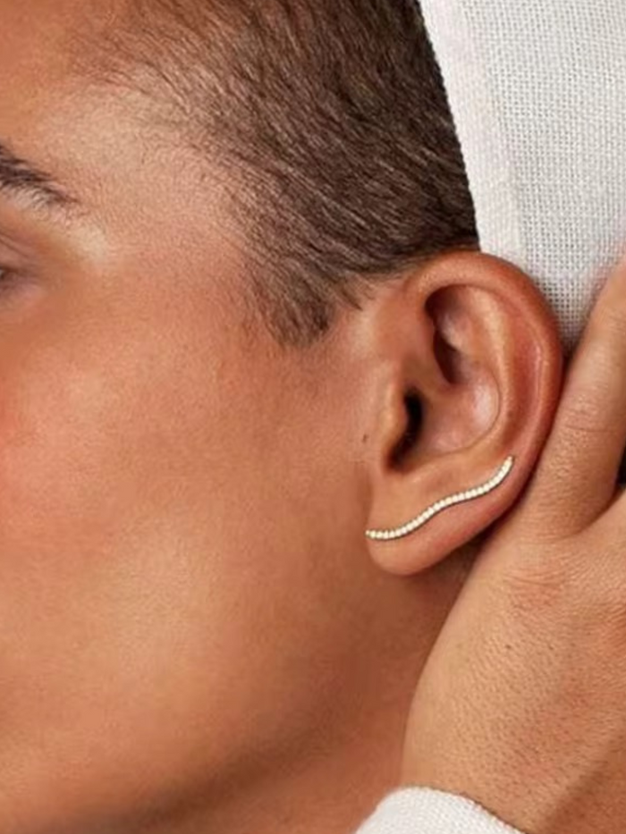 ear climber curved bar gold plated pave zircon minimalist style dainty jewelry modern sleek cartilage look lightweight comfort everyday wear EH-039