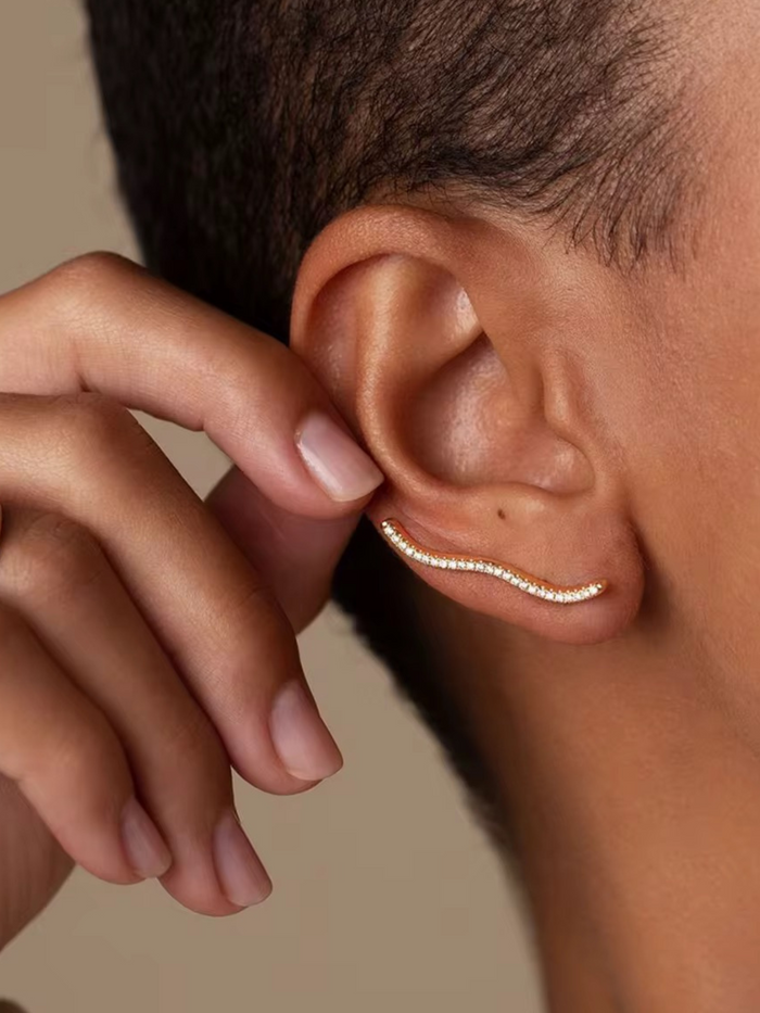 ear climber curved bar gold plated pave zircon minimalist style dainty jewelry modern sleek cartilage look lightweight comfort everyday wear EH-039