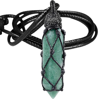 Hexagonal Crystal Points Pendant Necklace for Unisex Wrapped Stone Wand Pendant with Adjustable Cord XL-039