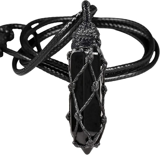 Hexagonal Crystal Points Pendant Necklace for Unisex Wrapped Stone Wand Pendant with Adjustable Cord XL-039
