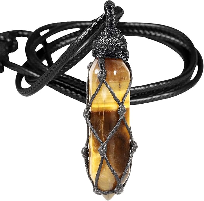 Hexagonal Crystal Points Pendant Necklace for Unisex Wrapped Stone Wand Pendant with Adjustable Cord XL-039