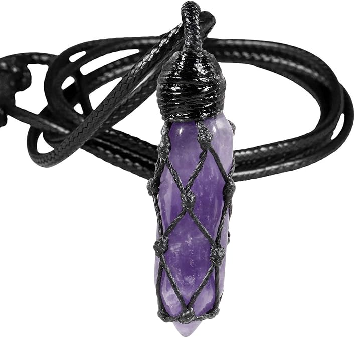 Hexagonal Crystal Points Pendant Necklace for Unisex Wrapped Stone Wand Pendant with Adjustable Cord XL-039