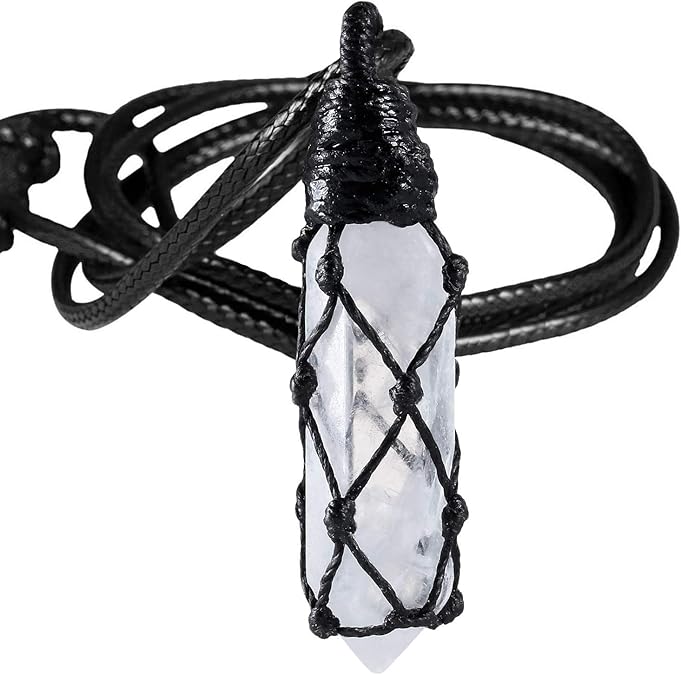 Hexagonal Crystal Points Pendant Necklace for Unisex Wrapped Stone Wand Pendant with Adjustable Cord XL-039
