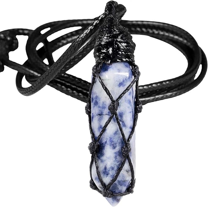 Hexagonal Crystal Points Pendant Necklace for Unisex Wrapped Stone Wand Pendant with Adjustable Cord XL-039