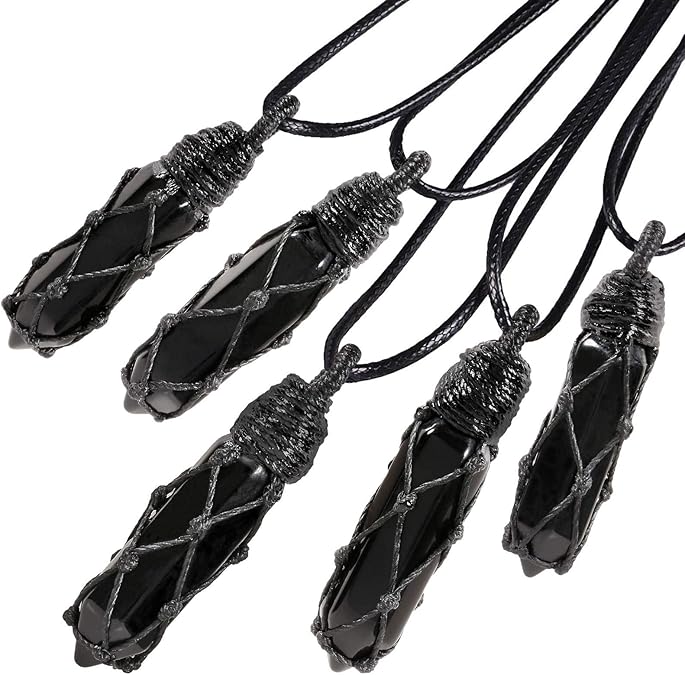 Hexagonal Crystal Points Pendant Necklace for Unisex Wrapped Stone Wand Pendant with Adjustable Cord XL-039