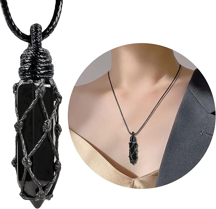 Hexagonal Crystal Points Pendant Necklace for Unisex Wrapped Stone Wand Pendant with Adjustable Cord XL-039