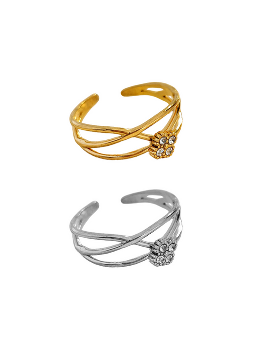 adjustable open ring daisy flower ring crystal flower ring crisscross band ring crossover ring open band ring gold tone ring silver tone ring minimalist ring floral ring JZ-022