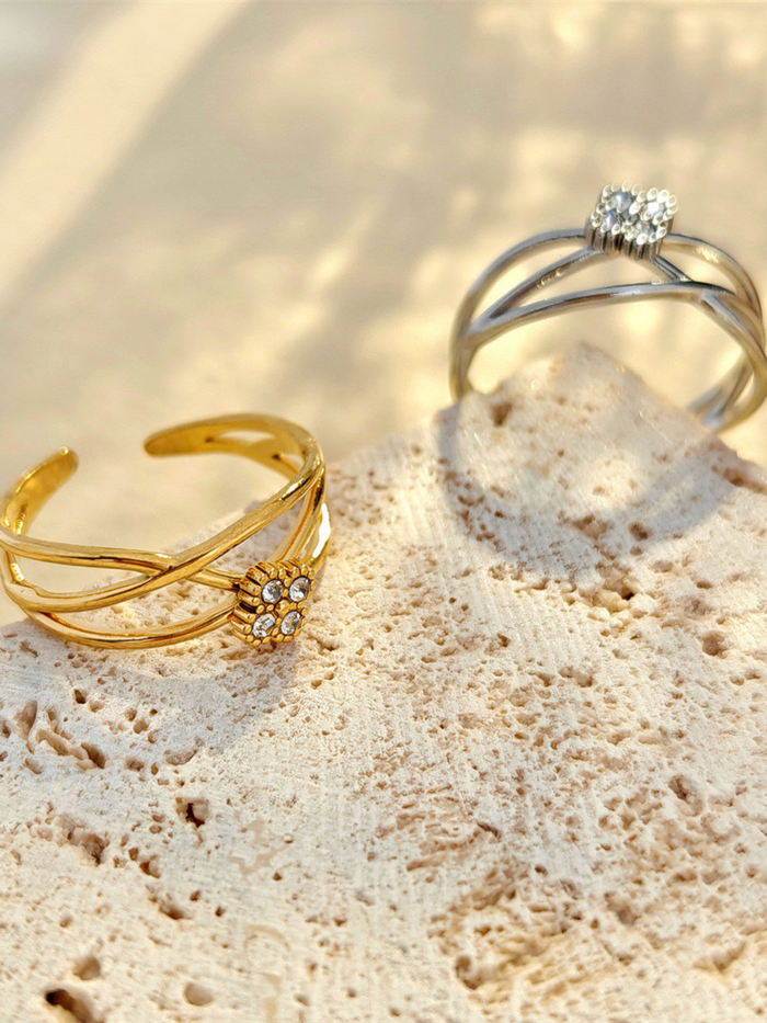 adjustable open ring daisy flower ring crystal flower ring crisscross band ring crossover ring open band ring gold tone ring silver tone ring minimalist ring floral ring JZ-022