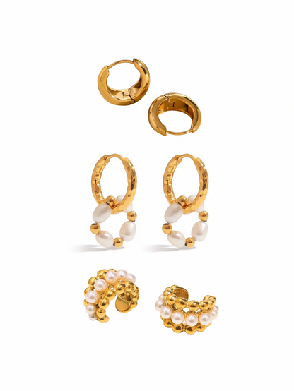 gold pearl earrings hoop earrings stacked earrings delicate jewelry chic pearl hoops elegant gold hoops statement earrings modern pearl design trendy ear jewelry luxurious ear cuff EH-040