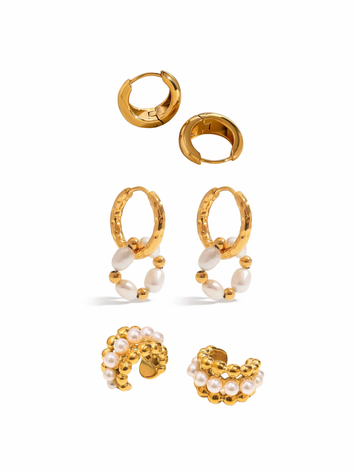 gold pearl earrings hoop earrings stacked earrings delicate jewelry chic pearl hoops elegant gold hoops statement earrings modern pearl design trendy ear jewelry luxurious ear cuff EH-040