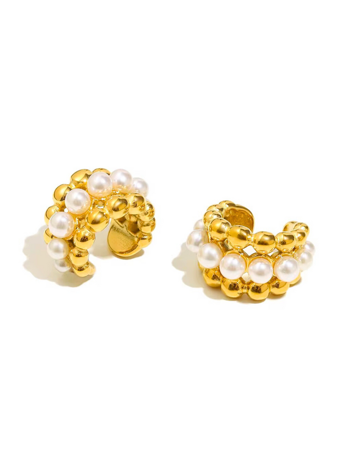 gold pearl earrings hoop earrings stacked earrings delicate jewelry chic pearl hoops elegant gold hoops statement earrings modern pearl design trendy ear jewelry luxurious ear cuff EH-040