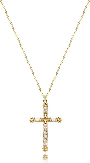 Cross Pendant Necklace for Women 14K Gold Plated Cubic Zirconia Evil Eye Butterfly Angel Wing Disc Coin Necklace Minimalist Religious Faith Jewelry Gift for XL-041